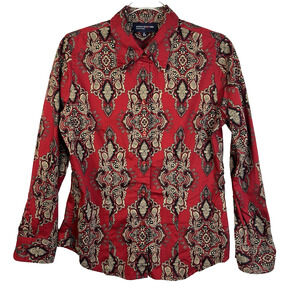 Jones New York Signature Button Up Blouse Women Med Red Black Paisley Career